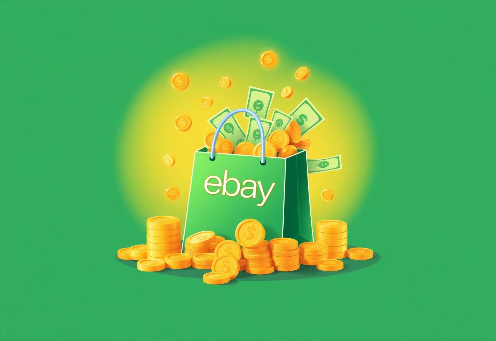 Illustration of an eBay shopping bag overflowing with coins representing cashback